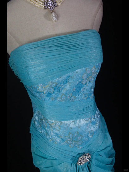 Vintage Blue Mermaid Long Prom Dress Strapless Lace Sparkly Evening Gown Chiffon Formal Dress ED03721