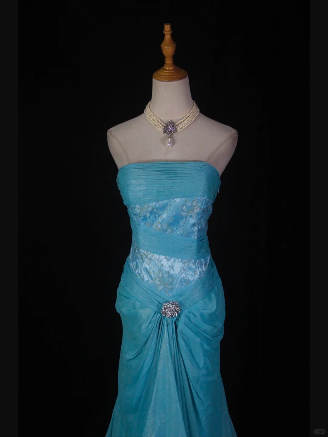 Vintage Blue Mermaid Long Prom Dress Strapless Lace Sparkly Evening Gown Chiffon Formal Dress ED03721