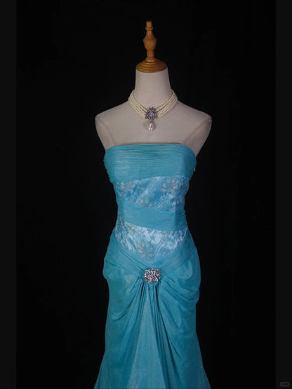 Vintage Blue Mermaid Long Prom Dress Strapless Lace Sparkly Evening Gown Chiffon Formal Dress ED03721