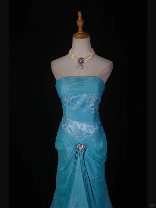 Vintage Blue Mermaid Long Prom Dress Strapless Lace Sparkly Evening Gown Chiffon Formal Dress ED03721