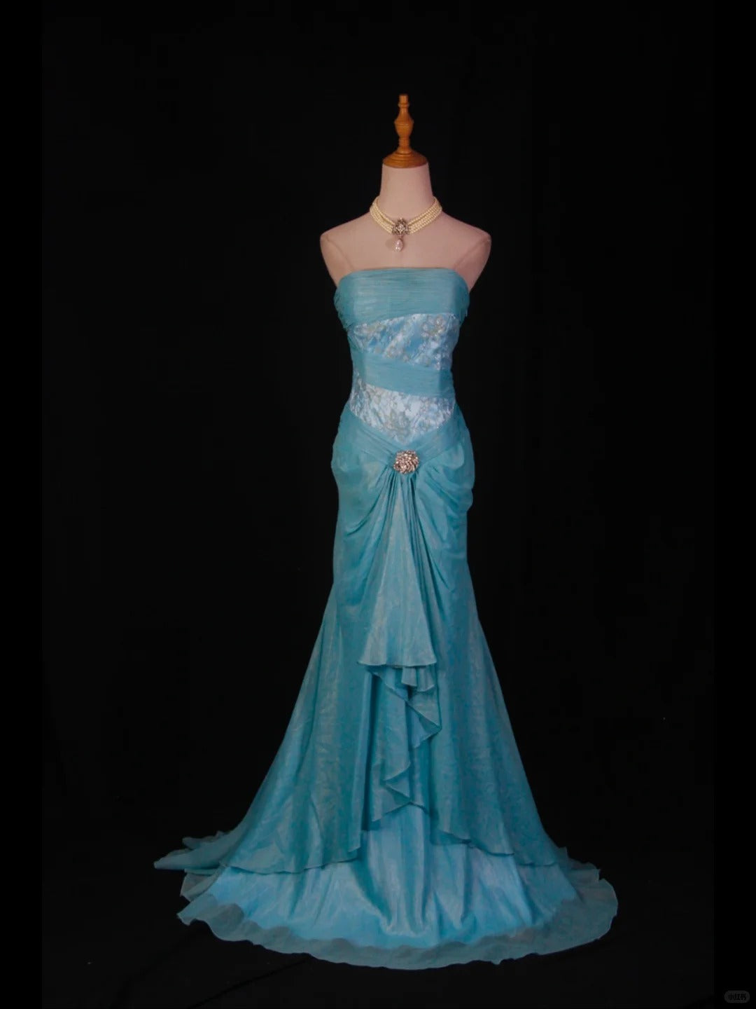 Vintage Blue Mermaid Long Prom Dress Strapless Lace Sparkly Evening Gown Chiffon Formal Dress ED03721