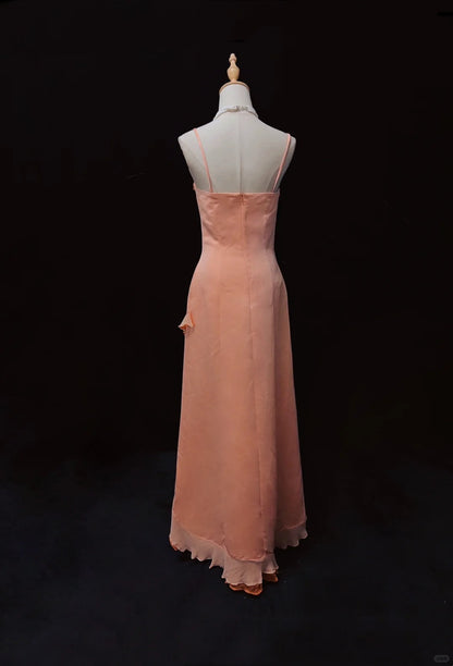 Vintage Sheath Spaghetti Strap Long Prom Dress Fairytale Chiffon Beaded Formal Dress Coral Birthday Party Dress ED03727