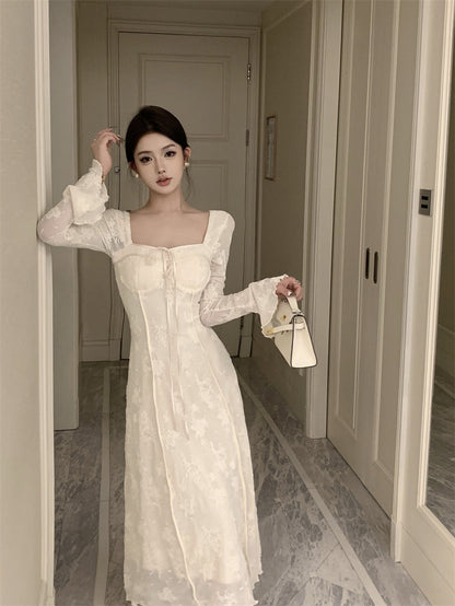 elegant bow A-line long skirt white dress birthday dress HZ1024