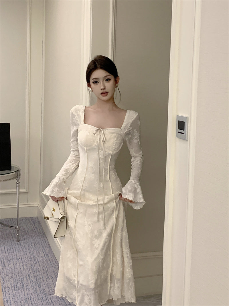 elegant bow A-line long skirt white dress birthday dress HZ1024