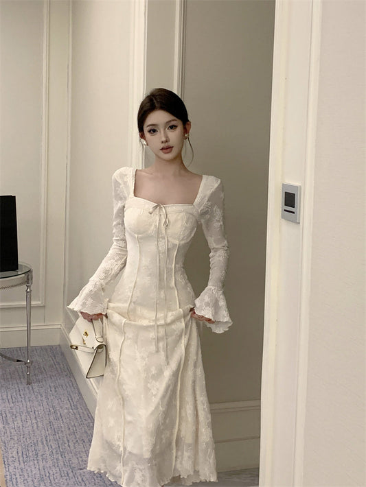 elegant bow A-line long skirt white dress birthday dress HZ1024
