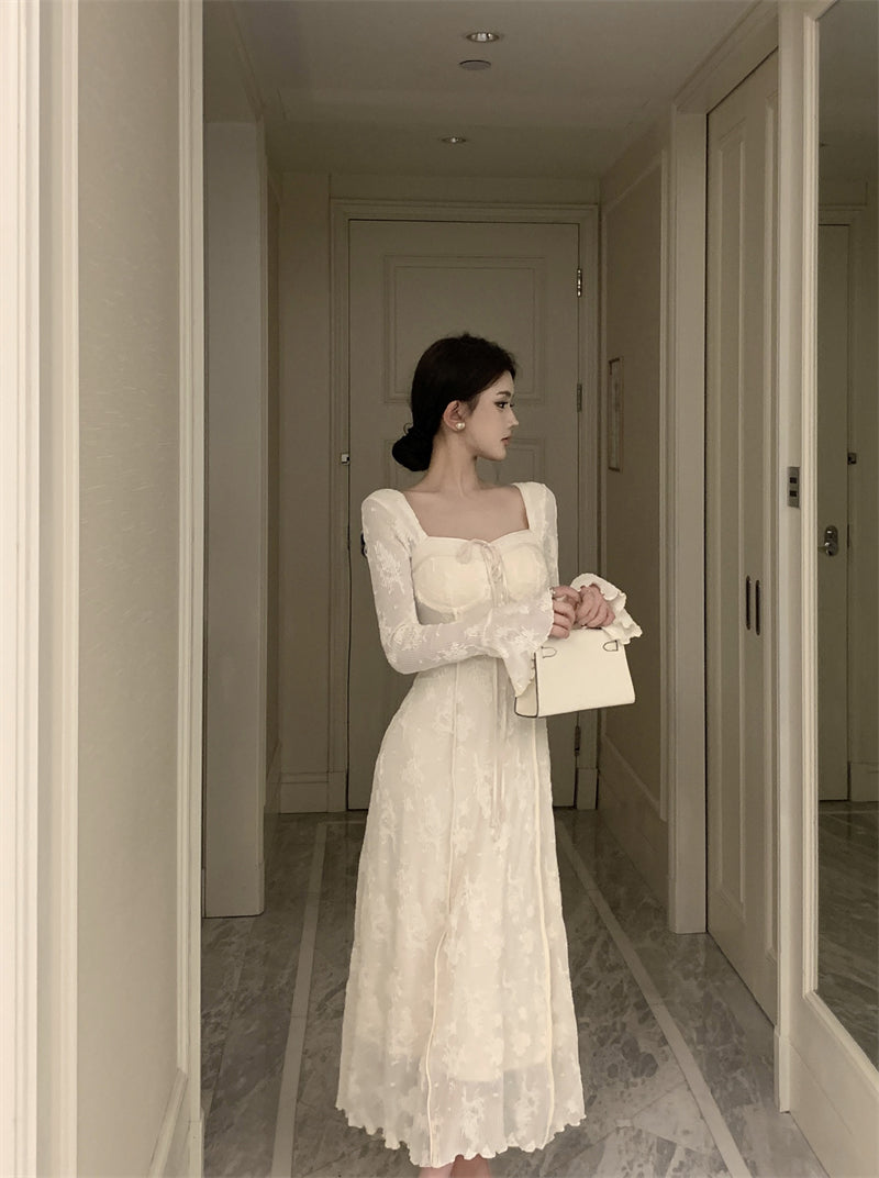elegant bow A-line long skirt white dress birthday dress HZ1024