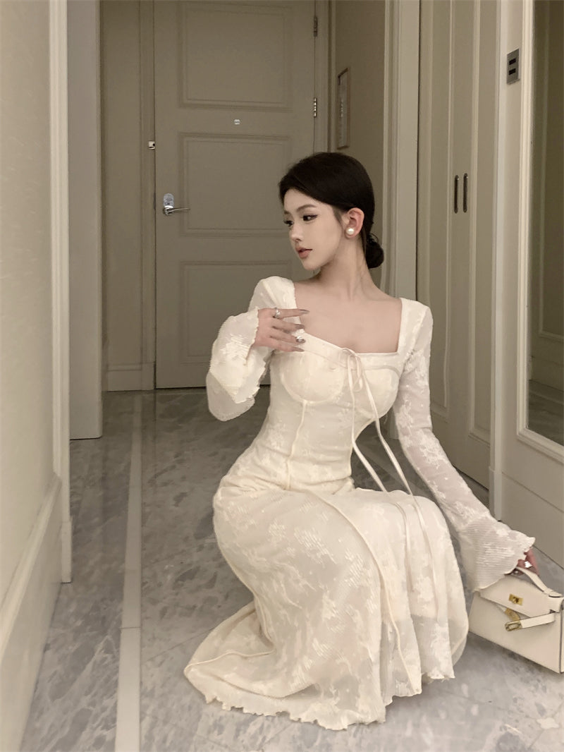 elegant bow A-line long skirt white dress birthday dress HZ1024