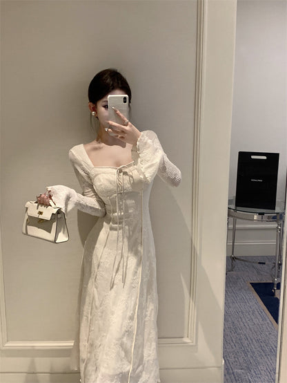 elegant bow A-line long skirt white dress birthday dress HZ1024