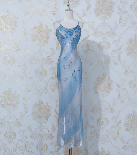 Blue Spaghetti Strap Sheath Long Prom Dress Vintage Chiffon Formal Evening Dress Party Dress HZ1024
