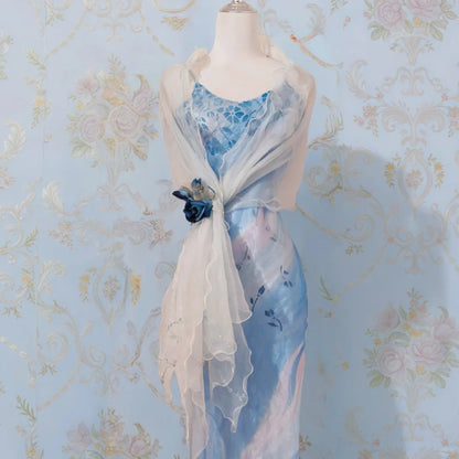 Elegant Blue Spaghetti Strap Sheath Long Prom Dress Vintage Chiffon Formal Evening Dress Party Dress ED03731