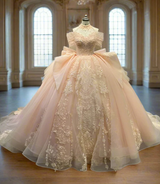 Pink Off-the-shoulder Ball Gown Birthday Dress Tulle Beaded Long Prom Dress Applique Quinceanera Dress HZ1024