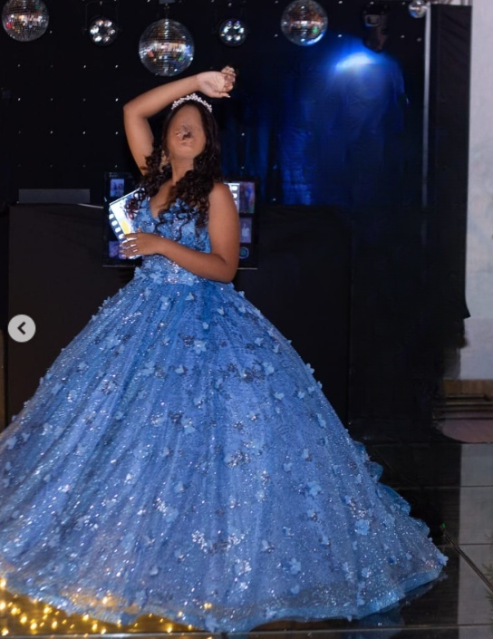 Blue Spaghetti Strap Ball Gown Birthday Dress Tulle Sparkly Long Prom Dress Applique Quinceanera Dress HZ1024