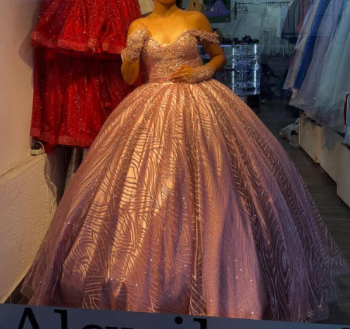 Off-the-Shoulder Pink Ball Gown Birthday Dress Tulle Sparkly Long Prom Dress Applique Quinceanera Dress HZ1024