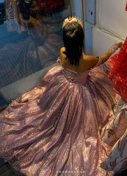 Off-the-Shoulder Pink Ball Gown Birthday Dress Tulle Sparkly Long Prom Dress Applique Quinceanera Dress HZ1024