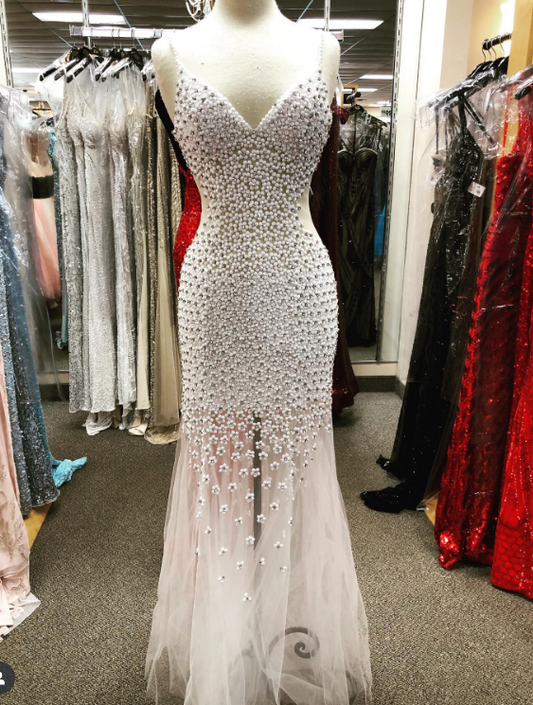 Elegant White V-neck Mermaid Evening Dress Beaded Tulle Long Prom Dress Sweet Birthday Dress ED03738