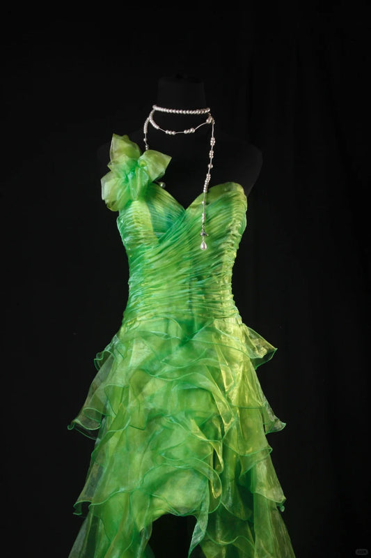 Green One Shoulder Birthday Dress Hi-Lo Evening Gowns Fairytale Tulle Prom Dress HZ1024