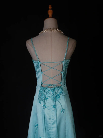 A-Line Spaghetti Strap Long Prom Dresses Blue Satin Beaded Evening Dress Elegant Formal Dress HZ1024