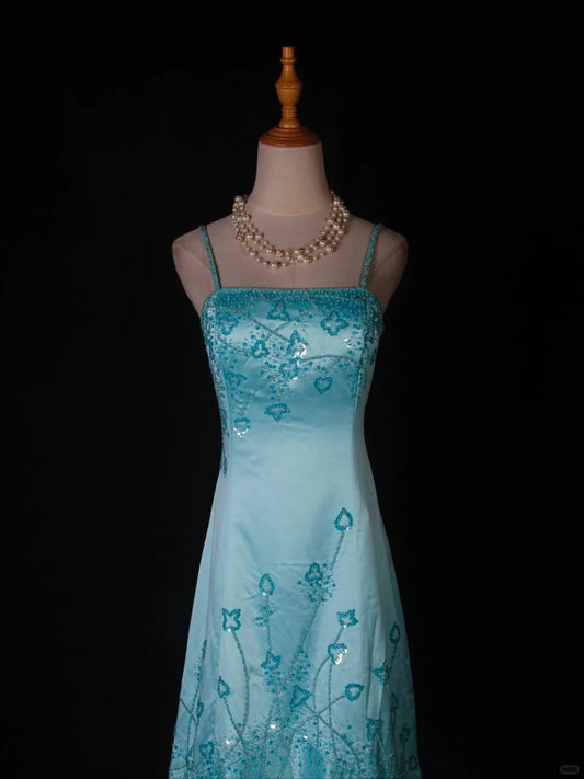A-Line Spaghetti Strap Long Prom Dresses Blue Satin Beaded Evening Dress Elegant Formal Dress HZ1024
