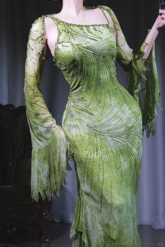 Green Sheath Long Prom Dresses Chiffon Beaded Evening Dress Asymmetrical Neck Formal Dress with Cape HZ1024