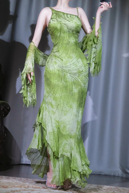 Green Sheath Long Prom Dresses Chiffon Beaded Evening Dress Asymmetrical Neck Formal Dress with Cape HZ1024