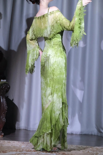 Vintage Green Sheath Long Prom Dresses Chiffon Beaded Evening Dress Asymmetrical Neck Formal Dress with Cape ED03744