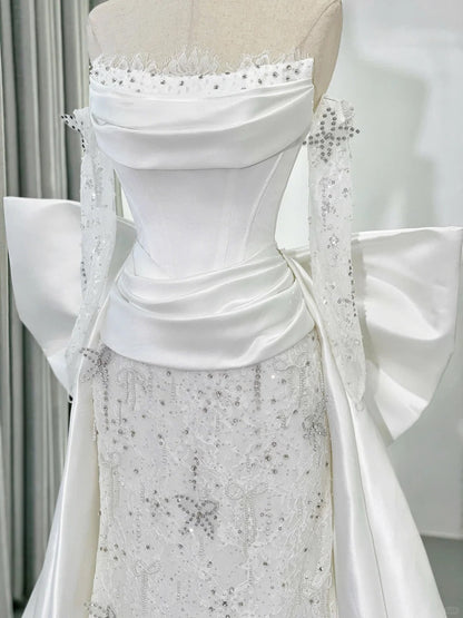 Off-the-shoulder Ball Gown Mermaid Wedding Dress Lace Satin Bridal Dress Elegant White Bridal Gown HZ1024