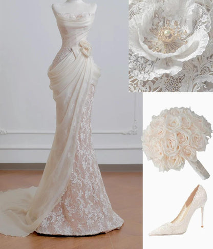 Strapless Mermaid Long Wedding Dress Applique Tulle Elegant White Bridal Dress HZ1024