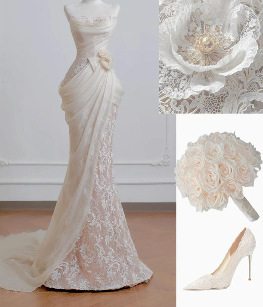 Strapless Mermaid Long Wedding Dress Applique Tulle Elegant White Bridal Dress HZ1024