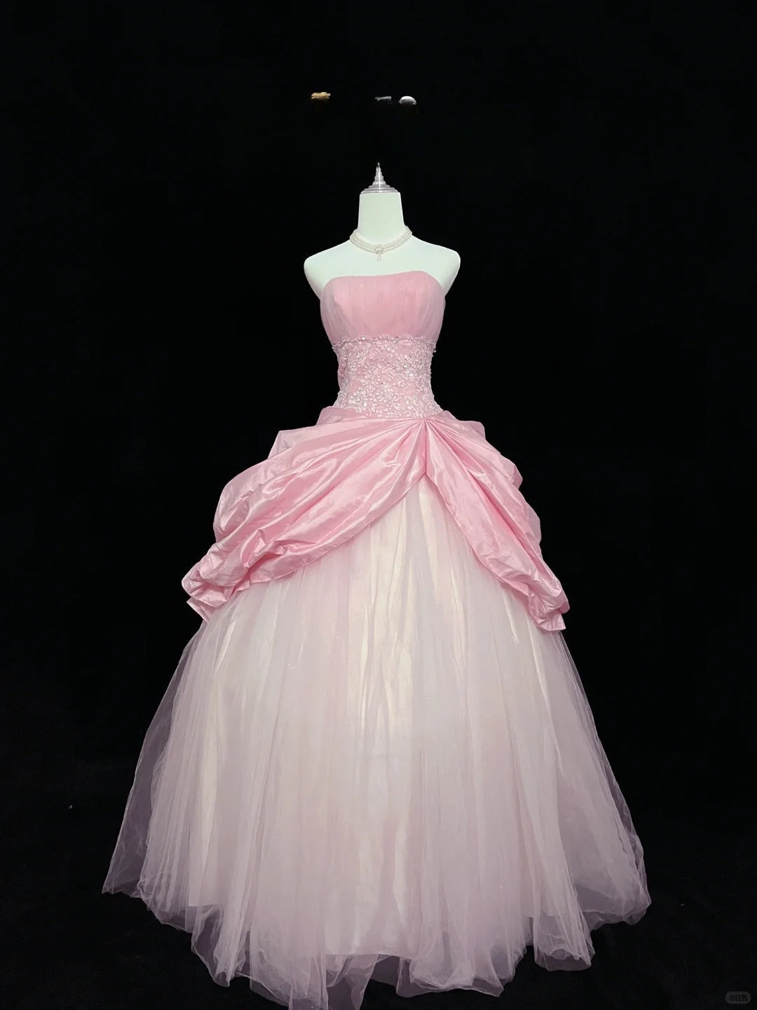 Pink Strapless Long Ball Gown Evening Dress Tulle Sweet 16 Birthday Dress Lace Prom Dress HZ1024