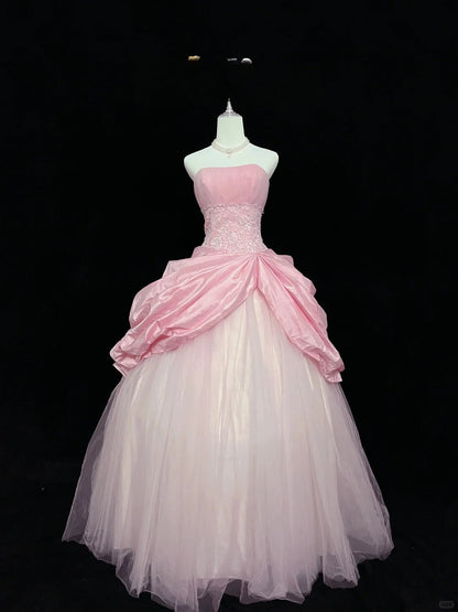 Pink Strapless Long Ball Gown Evening Dress Tulle Sweet 16 Birthday Dress Lace Prom Dress HZ1024
