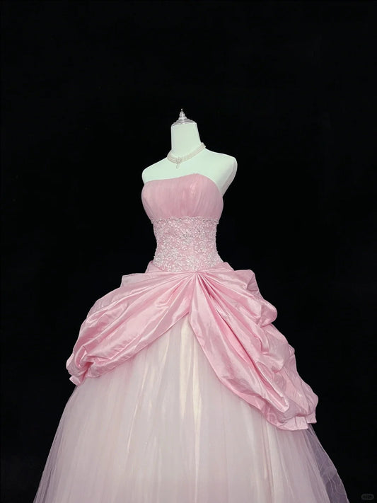 Pink Strapless Long Ball Gown Evening Dress Tulle Sweet 16 Birthday Dress Lace Prom Dress HZ1024