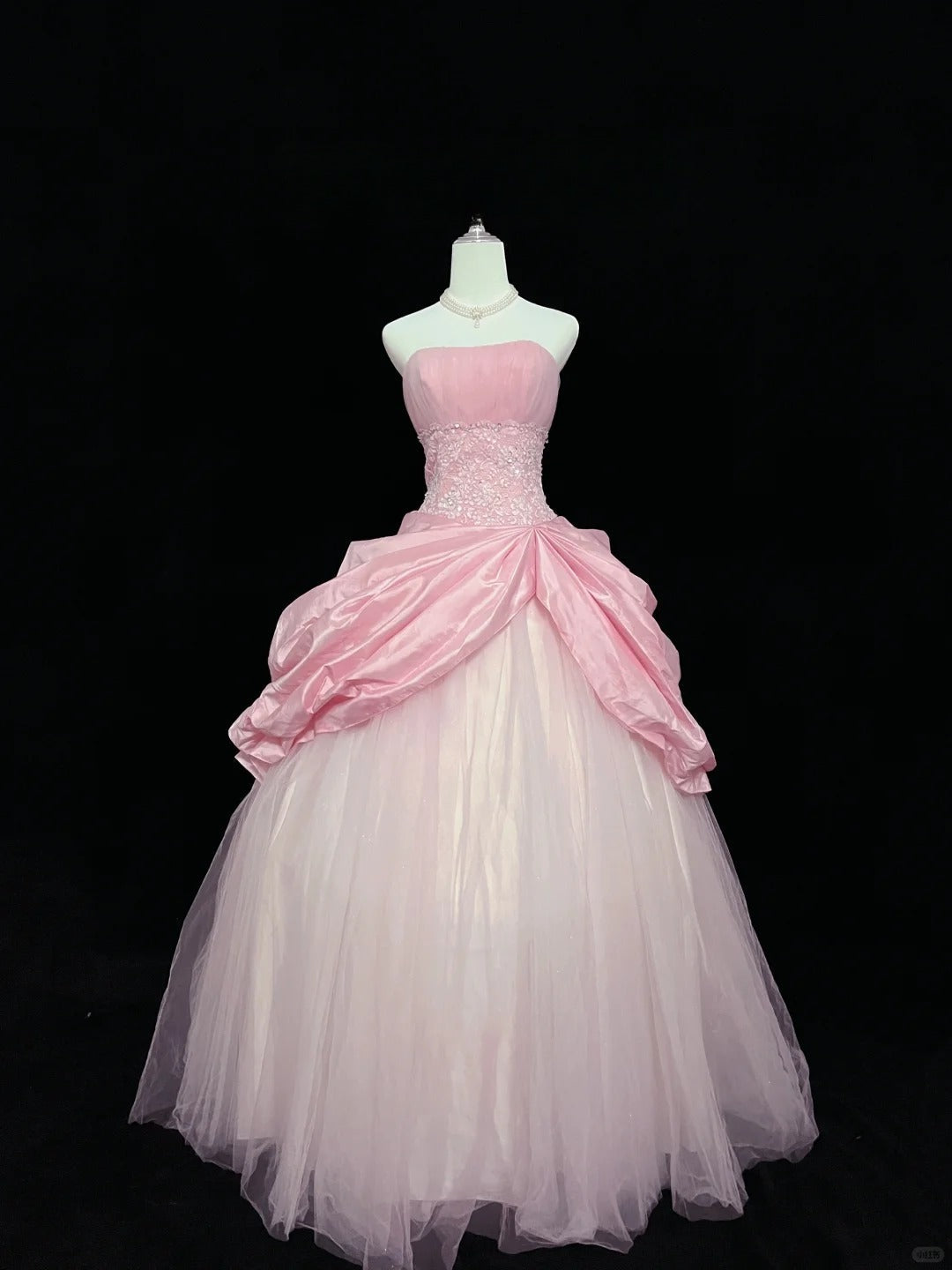 Pink Strapless Long Ball Gown Evening Dress Tulle Sweet 16 Birthday Dress Lace Prom Dress HZ1024