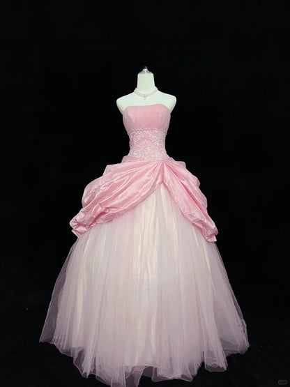 Pink Strapless Long Ball Gown Evening Dress Tulle Sweet 16 Birthday Dress Lace Prom Dress HZ1024
