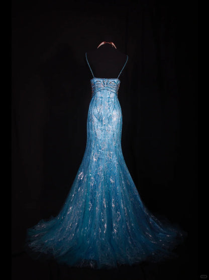 Blue Halter Mermaid Evening Dress Elegant Tulle Lace Long Prom Dress Party Dress HZ1024