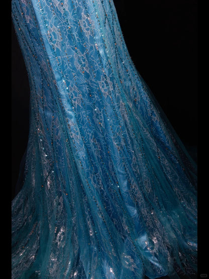 Vintage Blue Halter Mermaid Evening Dress Elegant Tulle Lace Long Prom Dress Party Dress ED03753