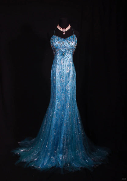 Vintage Blue Halter Mermaid Evening Dress Elegant Tulle Lace Long Prom Dress Party Dress ED03753