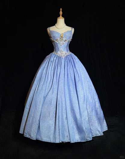 Blue Spaghetti Strap Ball Gown Quinceanera Dress Elegant Beaded Evening Gown Glitter Birthday Dress HZ1024