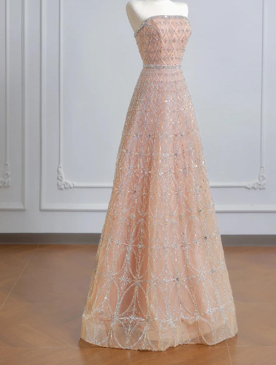 Elegant Peach Strapless Ball Gown Long Prom Dress Tulle Beads Sparkly Evening Gowns ED03762