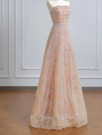 Elegant Peach Strapless Ball Gown Long Prom Dress Tulle Beads Sparkly Evening Gowns ED03762