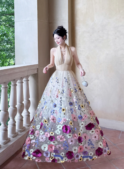 Apricot Halter Neck Formal Dress Ball Gown Birthday Dress Tulle Applique Open Back Party Dress HZ1024