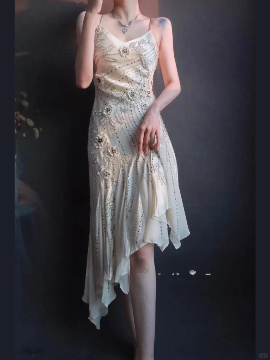 Spaghetti Strap Sheath Formal Dress Satin Beaded Birthday Dress Elegant Short Homecoming Dress HZ1024