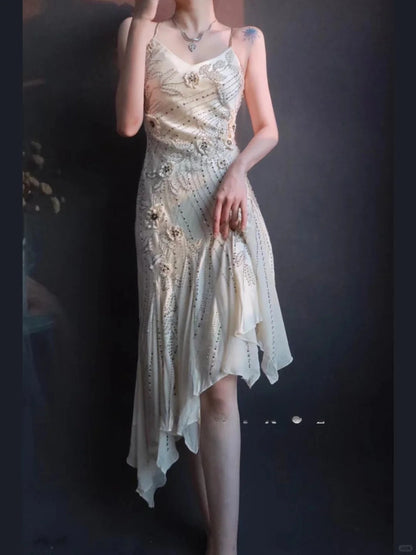 Spaghetti Strap Sheath Formal Dress Satin Beaded Birthday Dress Elegant Short Homecoming Dress HZ1024