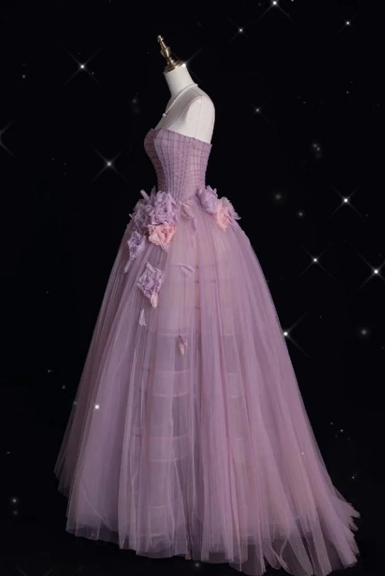 Stunning Strapless Ball Gown Purple Long Prom Dress Tulle Applique Evening Dress Sweet 16 Dress ED03765