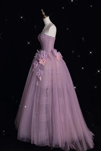 Stunning Strapless Ball Gown Purple Long Prom Dress Tulle Applique Evening Dress Sweet 16 Dress ED03765