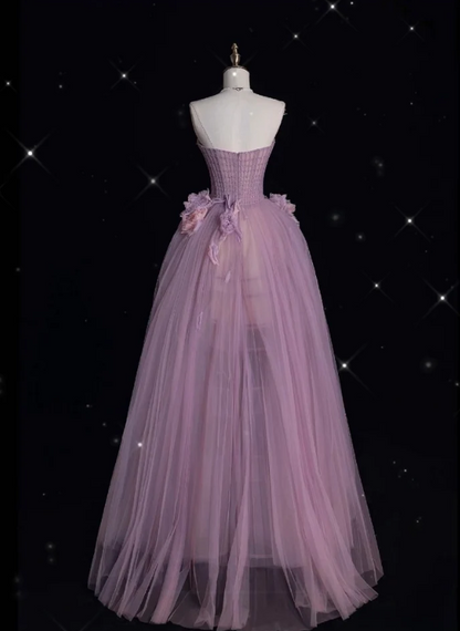 Stunning Strapless Ball Gown Purple Long Prom Dress Tulle Applique Evening Dress Sweet 16 Dress ED03765
