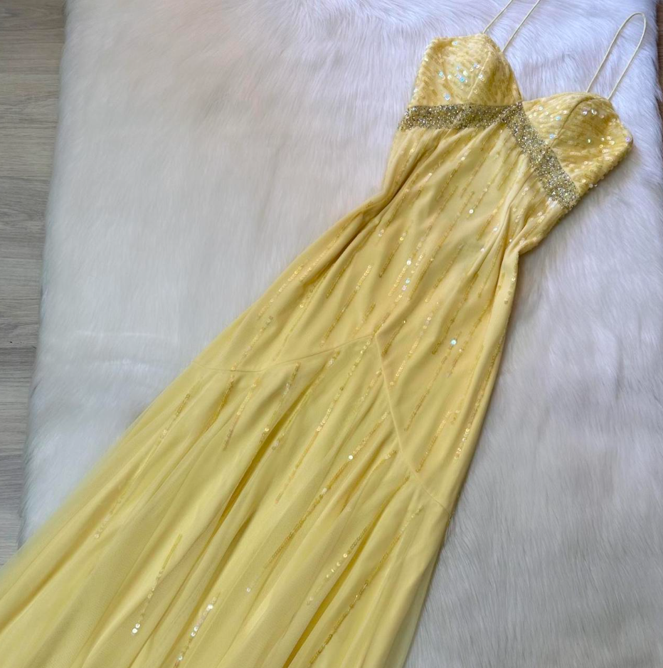 Yellow Spaghetti Strap Sheath Long Prom Dress Elegant Chiffon Evening Dress Birthday Dress HZ1024