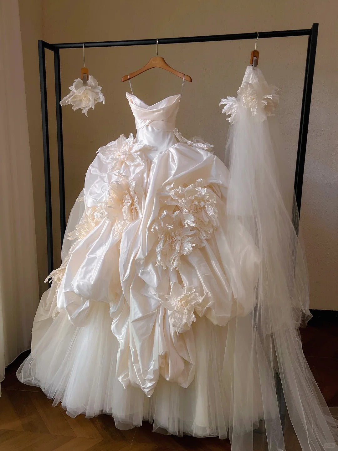 Glam Champagne Strapless Ball Gown Wedding Dress Tulle Satin Bridal Dress with Veil  ED03770