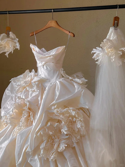 Glam Champagne Strapless Ball Gown Wedding Dress Tulle Satin Bridal Dress with Veil  ED03770