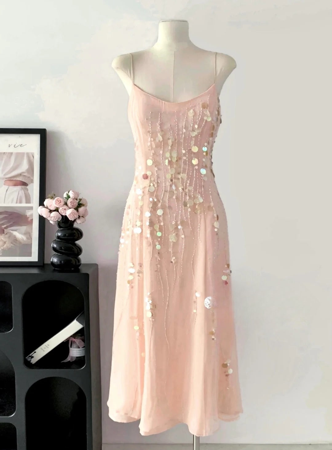 Spaghetti Strap Sheath Short Birthday Dress Blush Pink Sequin Chiffon Party Dress Homecoming Dress HZ1024