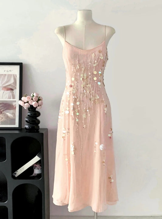 Spaghetti Strap Sheath Short Birthday Dress Blush Pink Sequin Chiffon Party Dress Homecoming Dress HZ1024